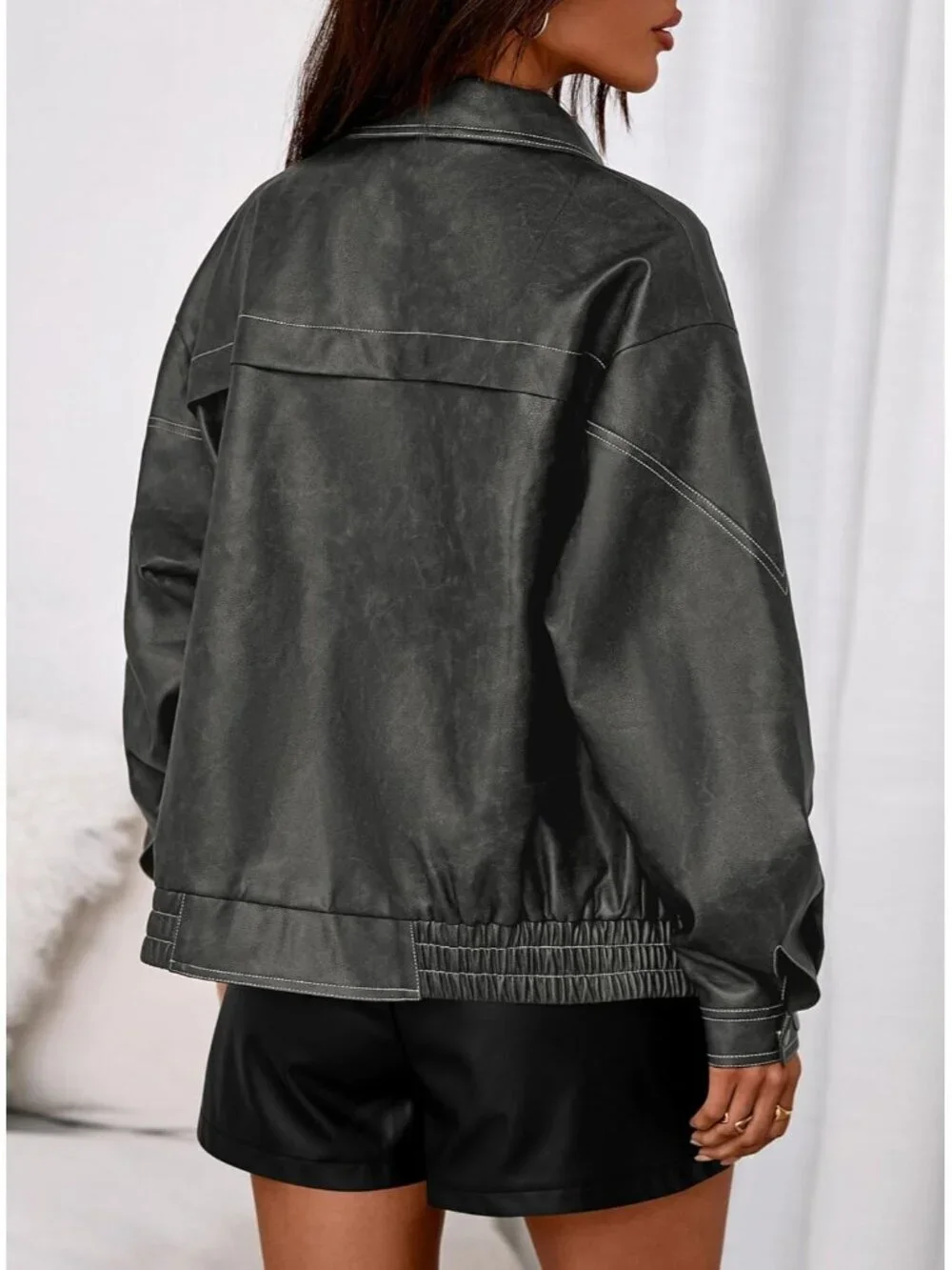 Women's Bomber Motorcycle Zip Up Jackets Oversized Faux Leather Jacket Grey